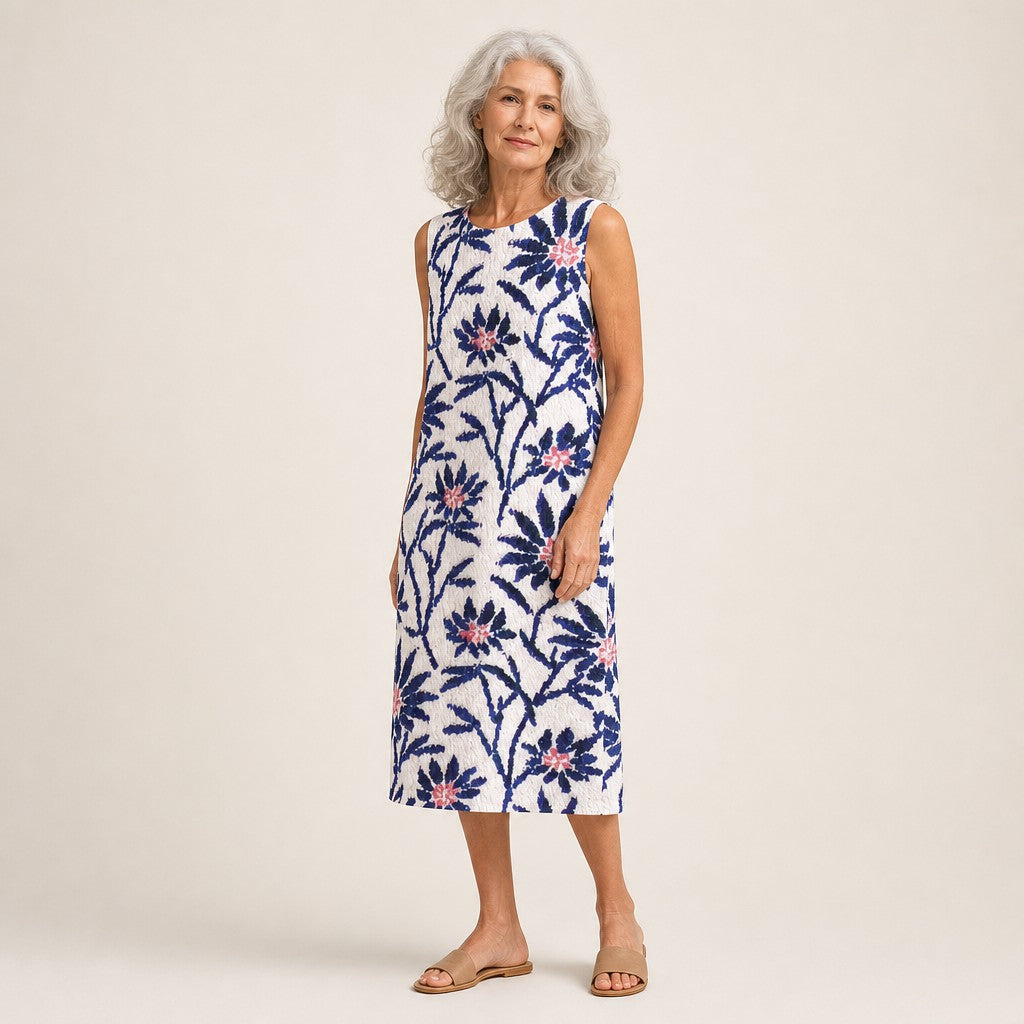 Unity | White & Navy Floral Sleeveless Midi Dress