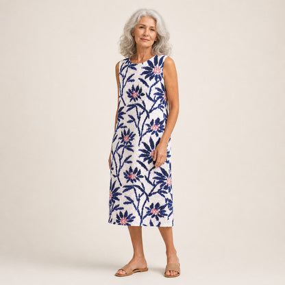 Unity | White & Navy Floral Sleeveless Midi Dress