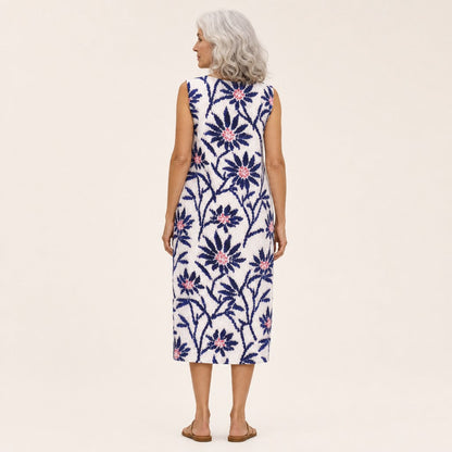 Unity | White & Navy Floral Sleeveless Midi Dress