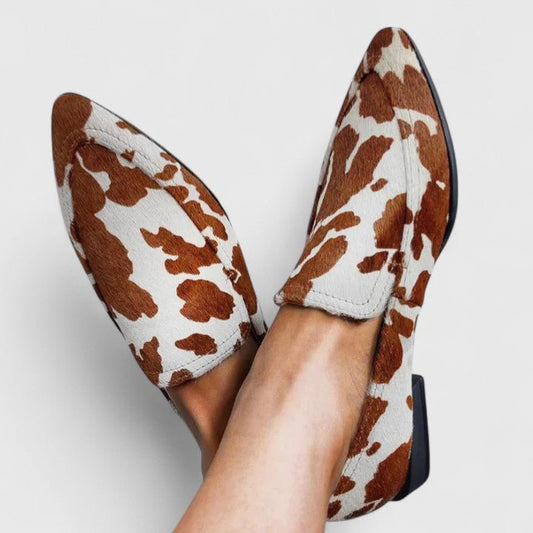 Rowena | Brown & White Cow Print Loafers