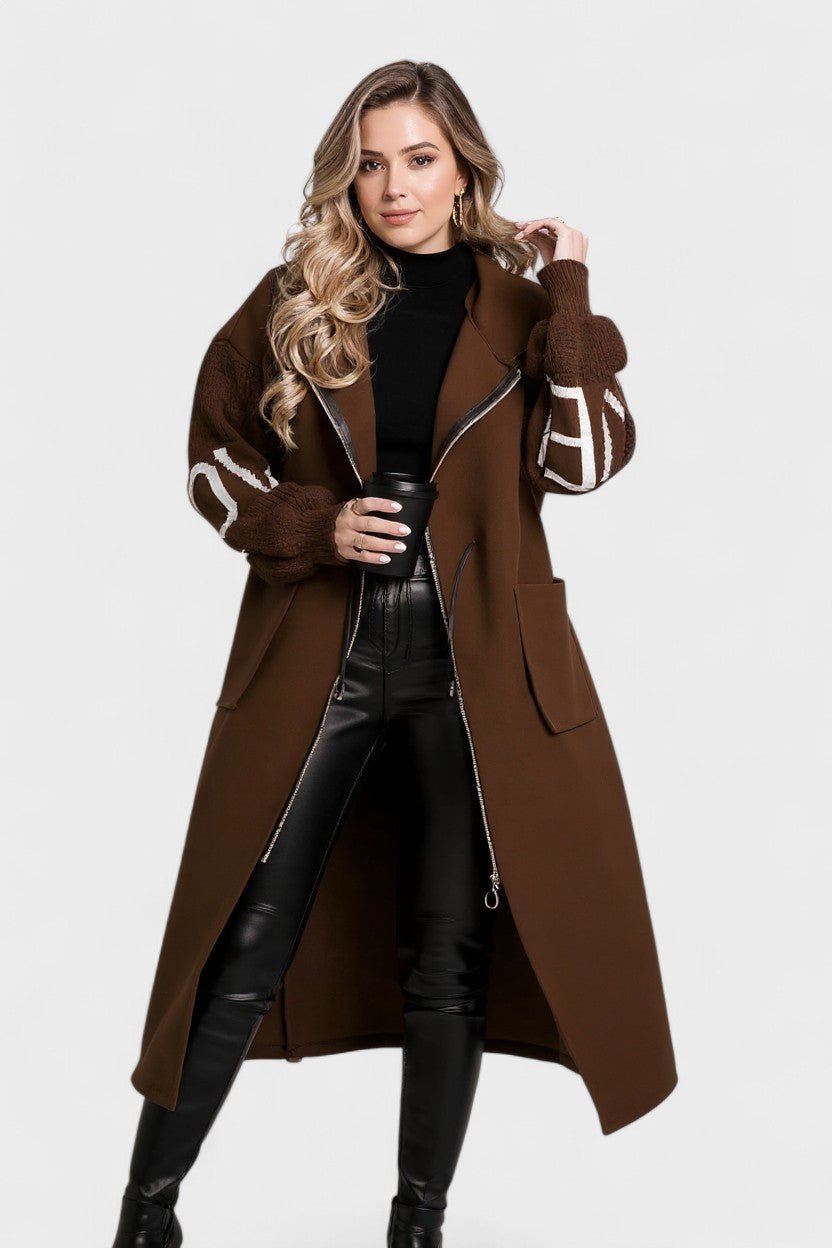 Rosie | Brown Contrast-Trim Long Coat