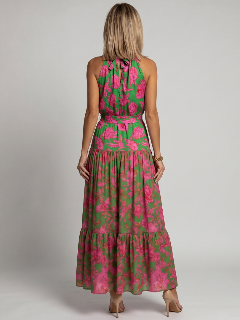Sandra | Green & Pink Floral Print Midi Dress