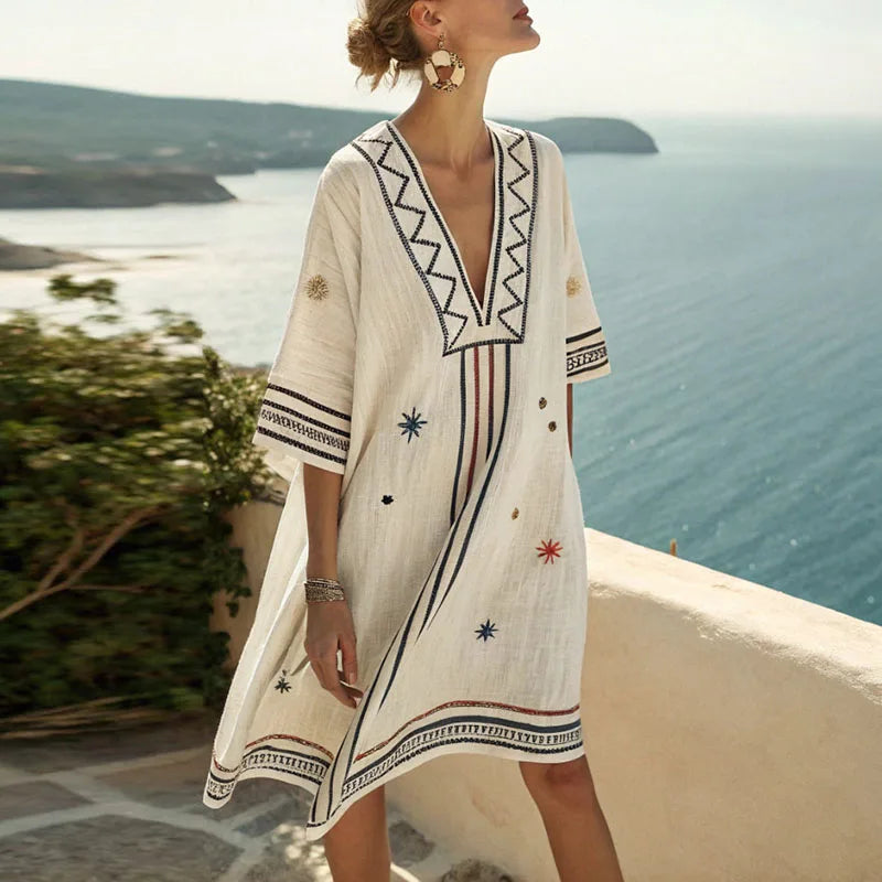 Alice | Embroidered V-Neck Linen Dress