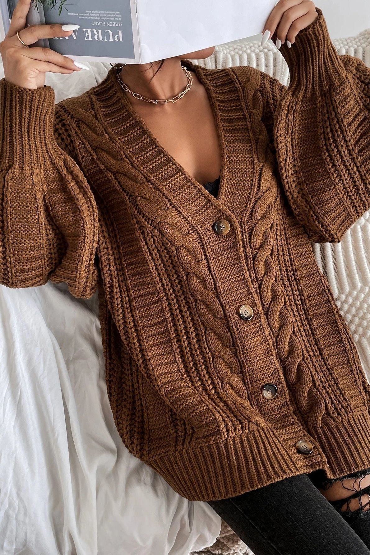 Skye | Brown Oversized Cable-Knit Cardigan