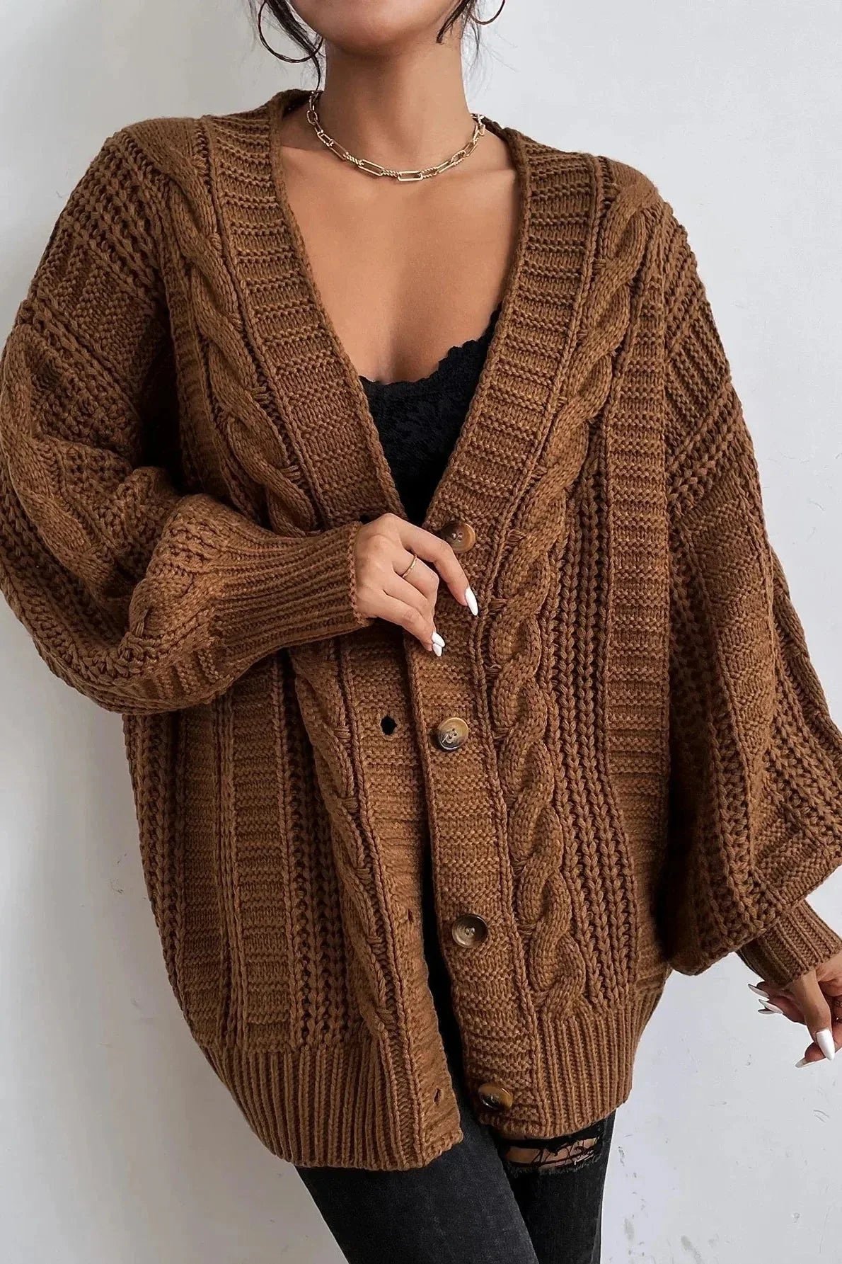 Skye | Brown Oversized Cable-Knit Cardigan