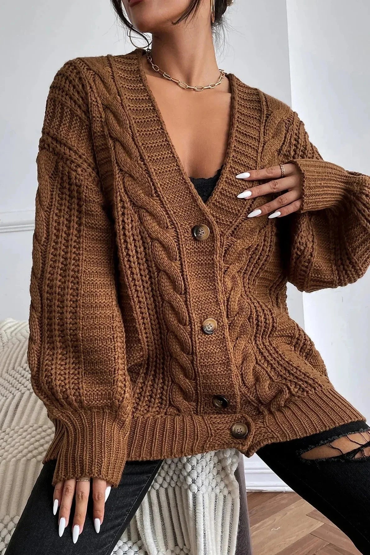 Skye | Brown Oversized Cable-Knit Cardigan
