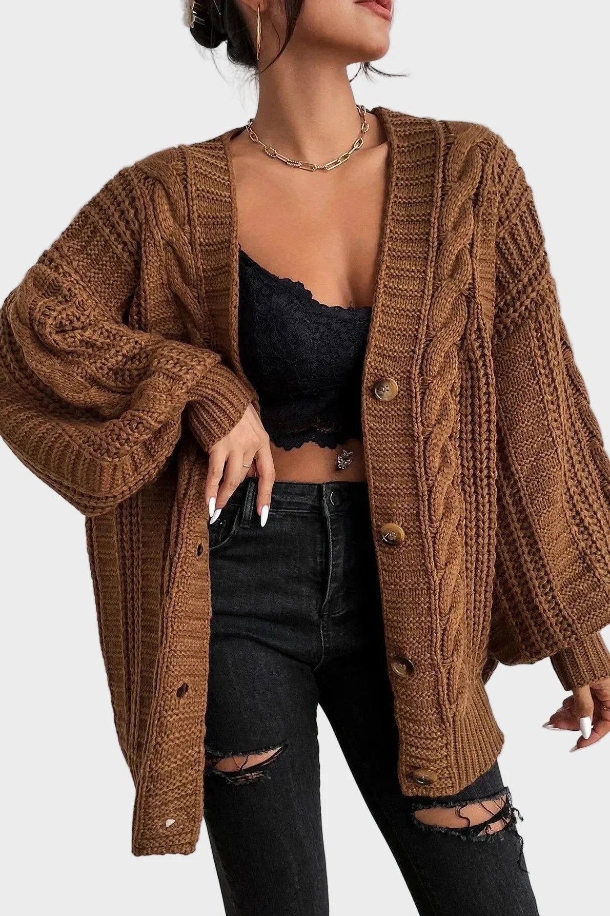 Skye | Brown Oversized Cable-Knit Cardigan
