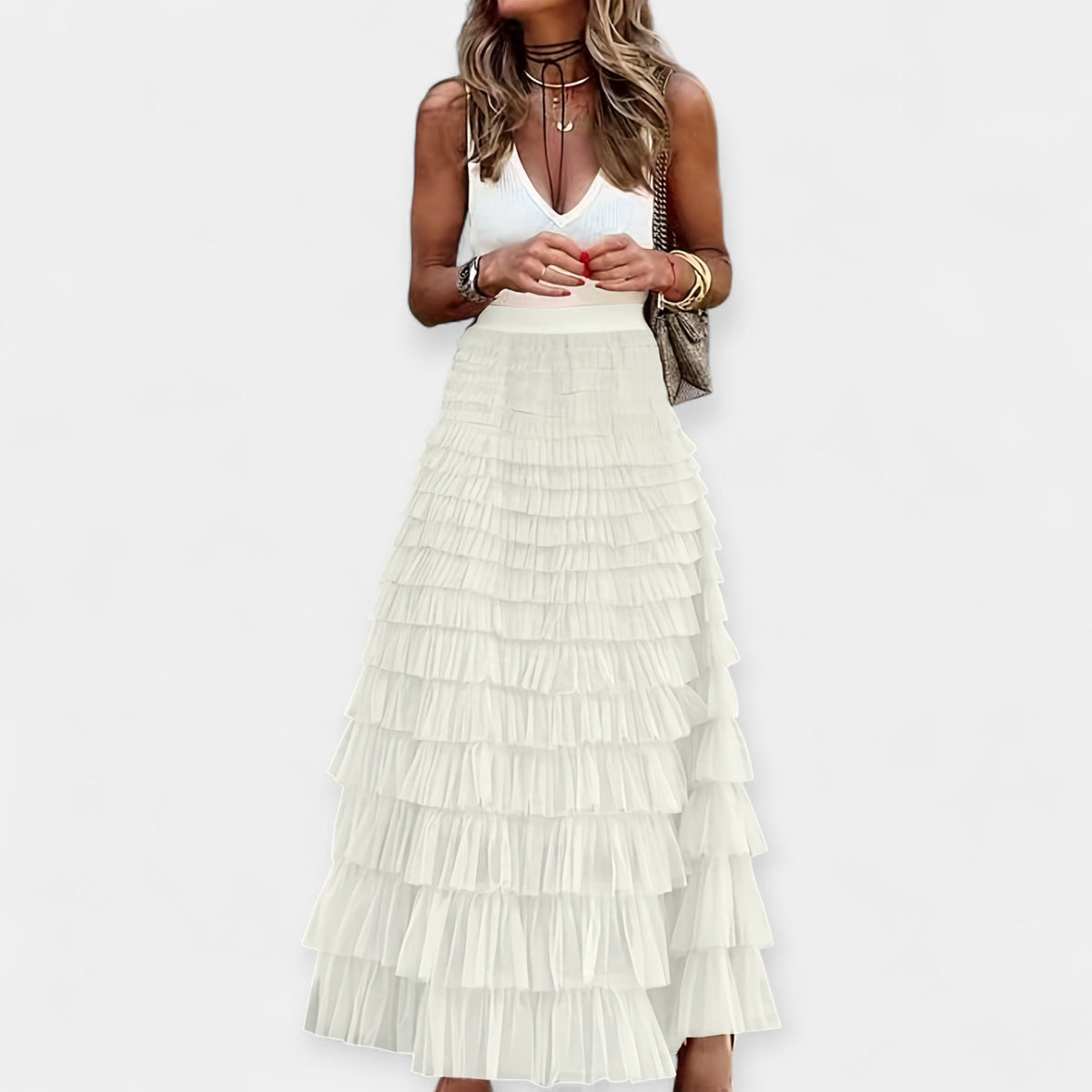 Shona | Tiered White Maxi Skirt