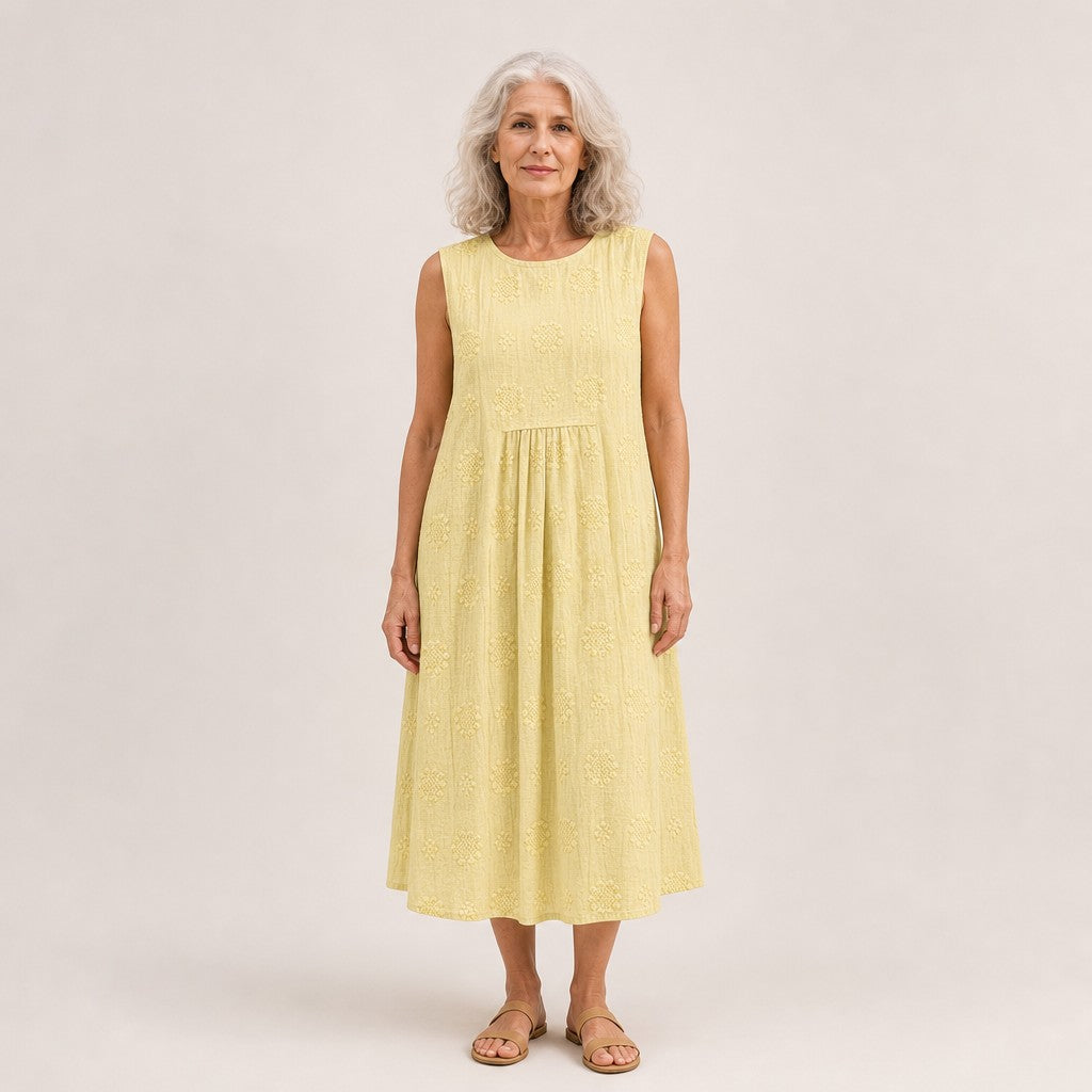 Thea | Lemon Yellow Textured Sleeveless Midi Dress