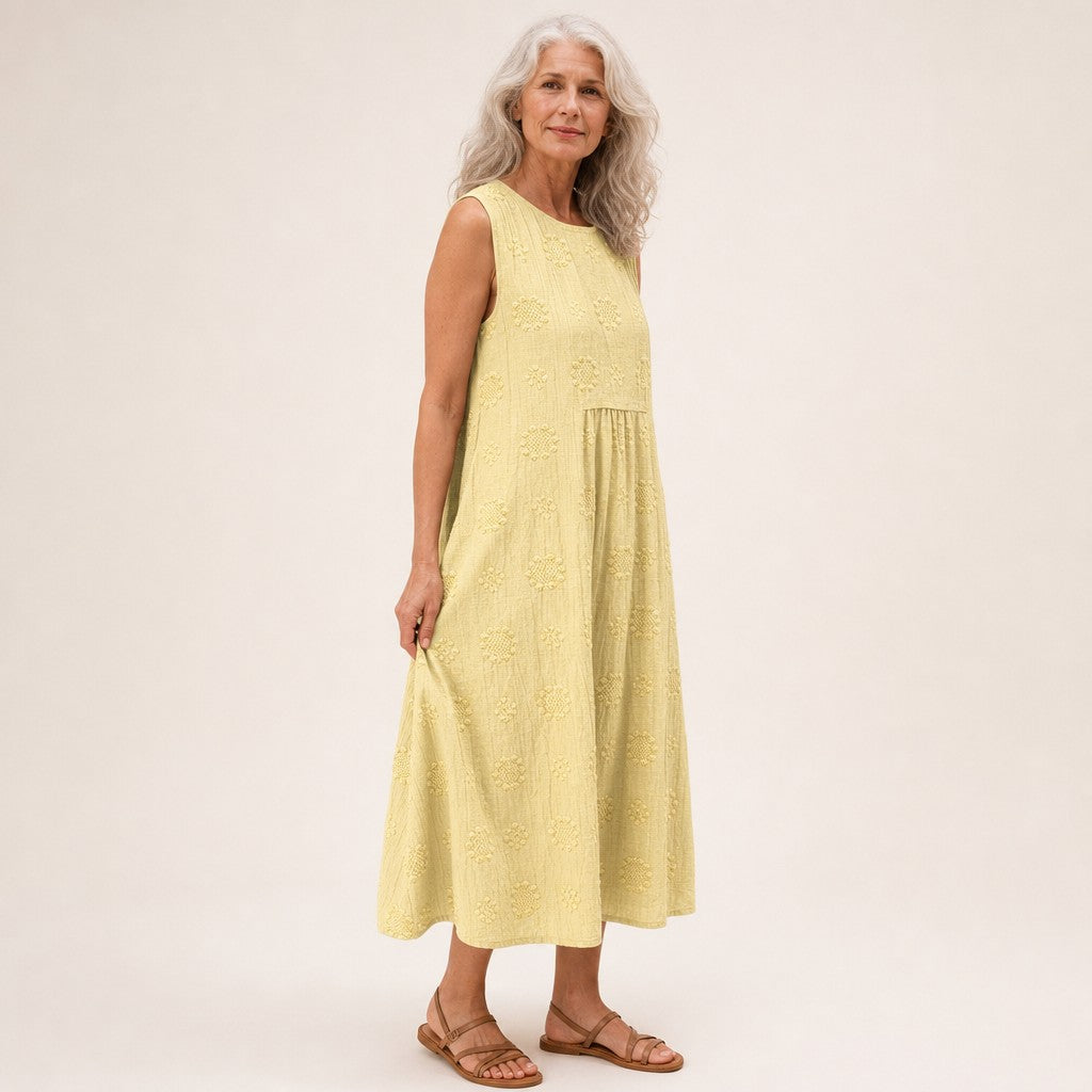Thea | Lemon Yellow Textured Sleeveless Midi Dress