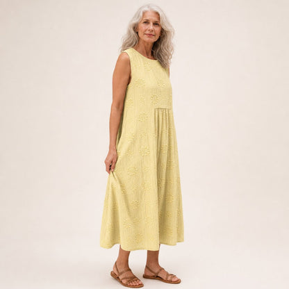 Thea | Lemon Yellow Textured Sleeveless Midi Dress