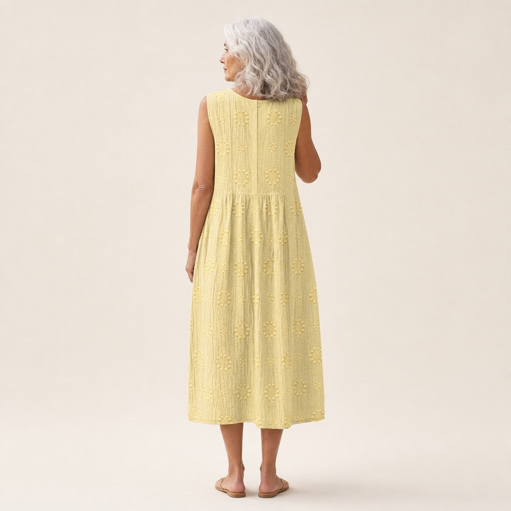 Thea | Lemon Yellow Textured Sleeveless Midi Dress
