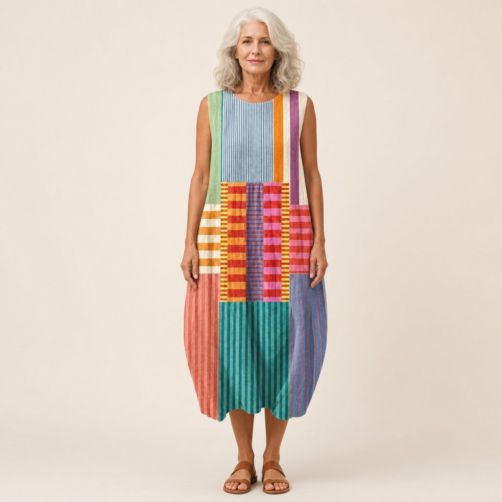 Carla | Bright Stripe Patchwork Sleeveless Midi Dress