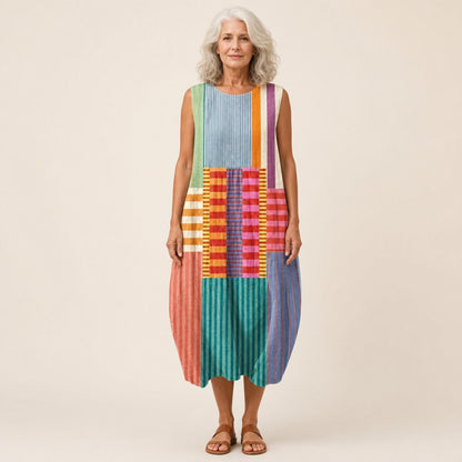 Carla | Bright Stripe Patchwork Sleeveless Midi Dress