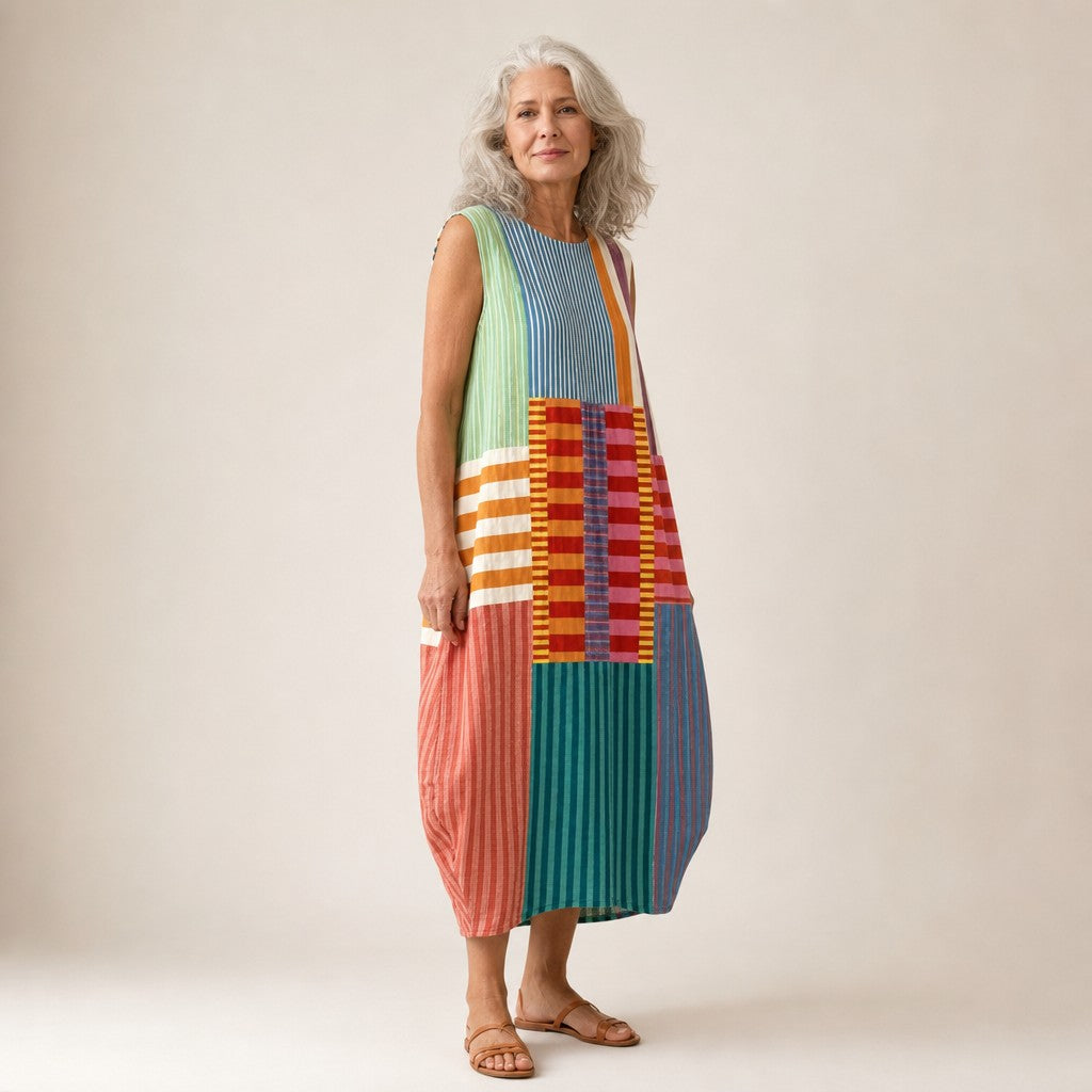 Carla | Bright Stripe Patchwork Sleeveless Midi Dress