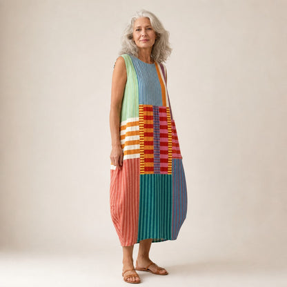 Carla | Bright Stripe Patchwork Sleeveless Midi Dress