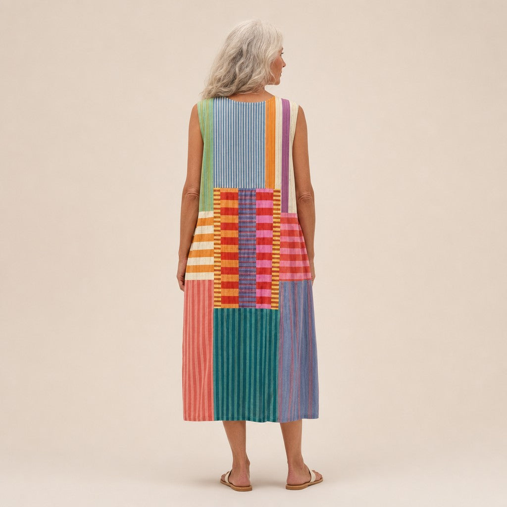 Carla | Bright Stripe Patchwork Sleeveless Midi Dress