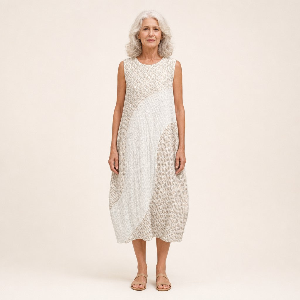 Tina | White Textured Panel Sleeveless Midi Dress