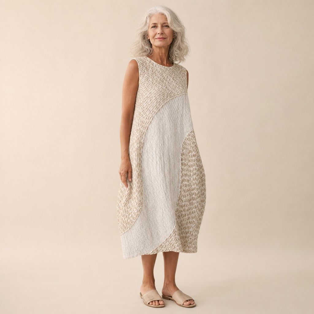 Tina | White Textured Panel Sleeveless Midi Dress