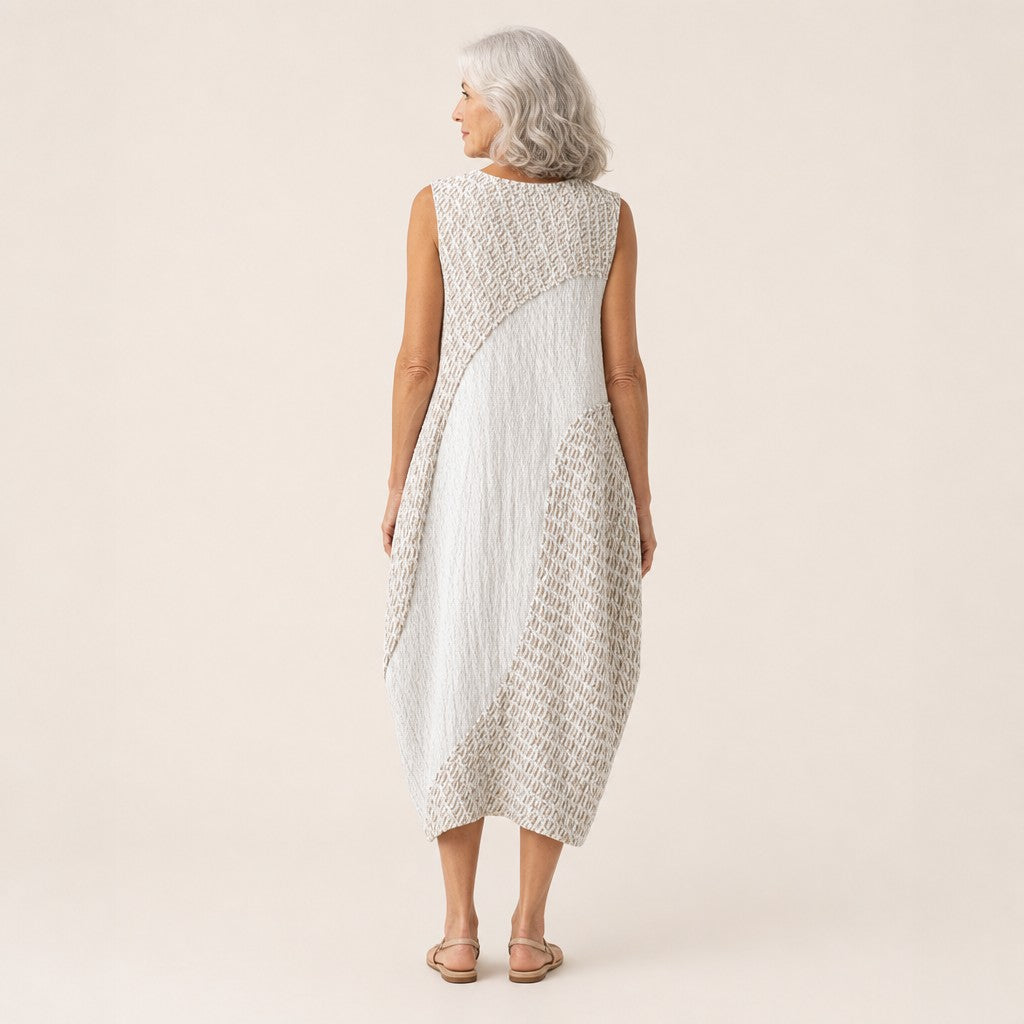Tina | White Textured Panel Sleeveless Midi Dress