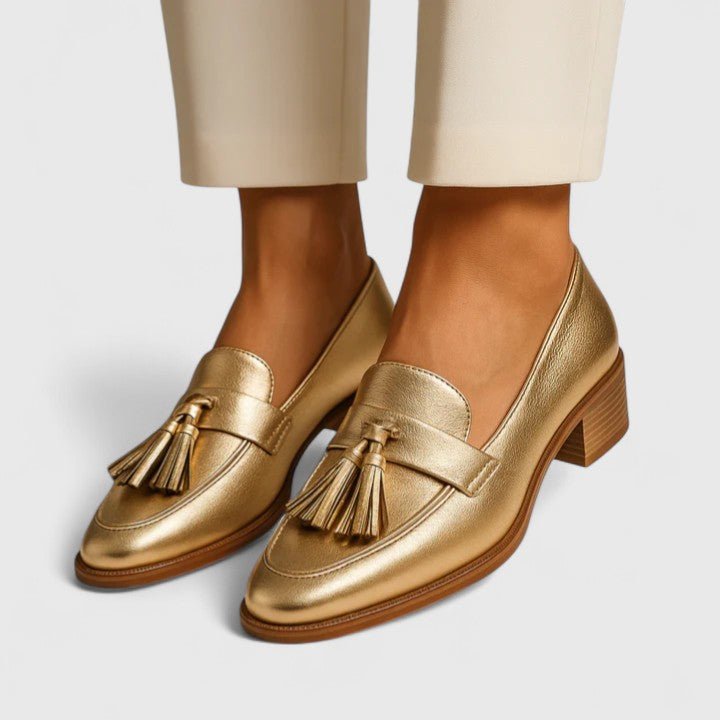 Suzanne | Gold Tassel Block-Heel Loafers