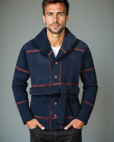 Simon | Navy Belted Knit Cardigan