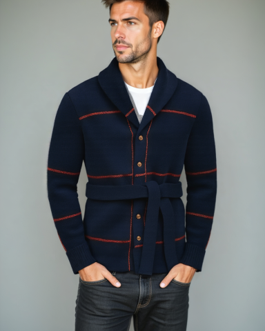 Simon | Navy Belted Knit Cardigan