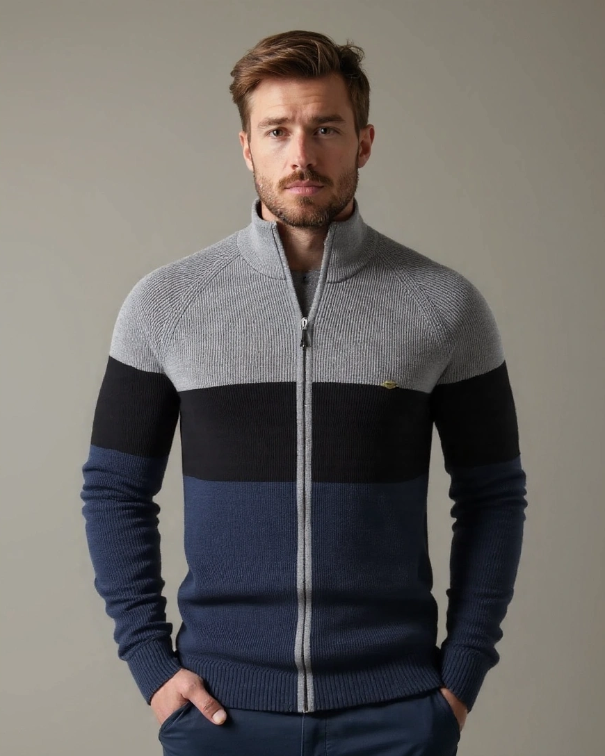 Simon | Colour-Block Zip-Front Knit Jacket