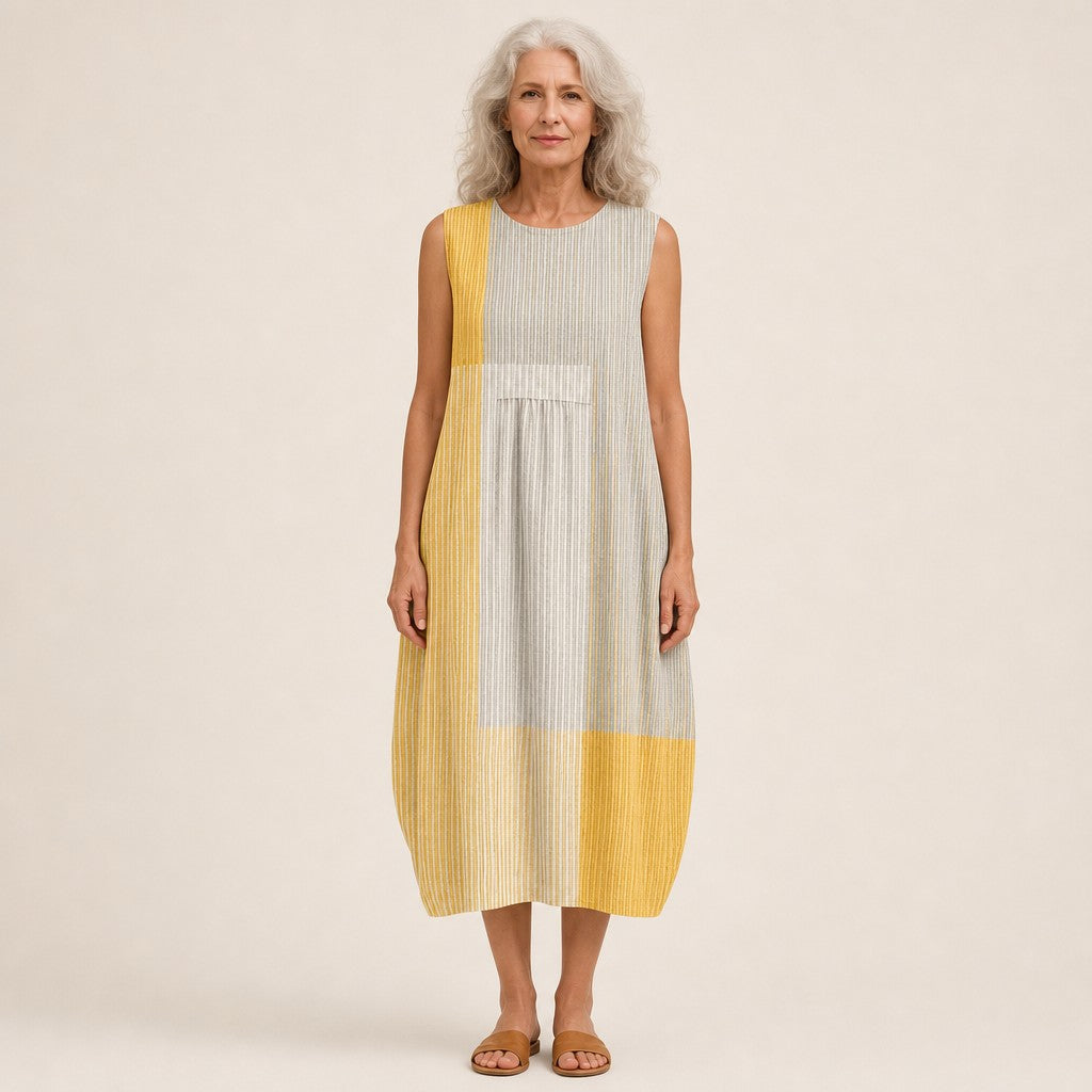 Dorothea | Yellow & Natural Stripe Sleeveless Midi Dress