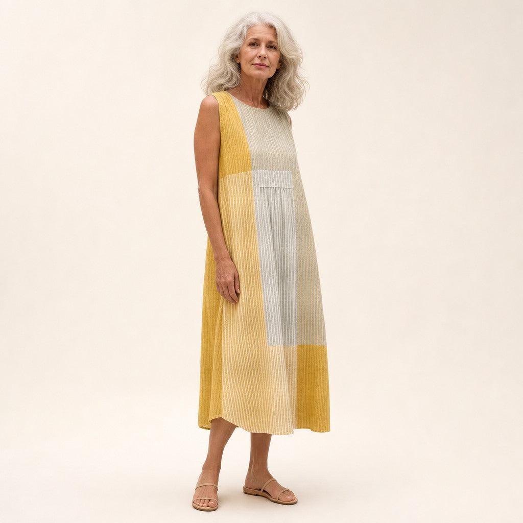 Dorothea | Yellow & Natural Stripe Sleeveless Midi Dress