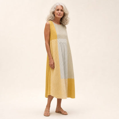 Dorothea | Yellow & Natural Stripe Sleeveless Midi Dress