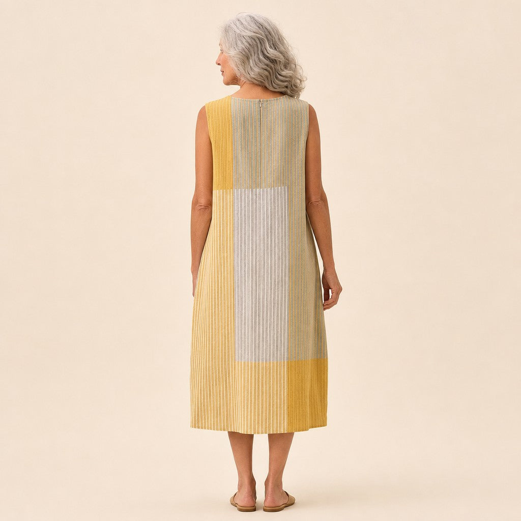 Dorothea | Yellow & Natural Stripe Sleeveless Midi Dress