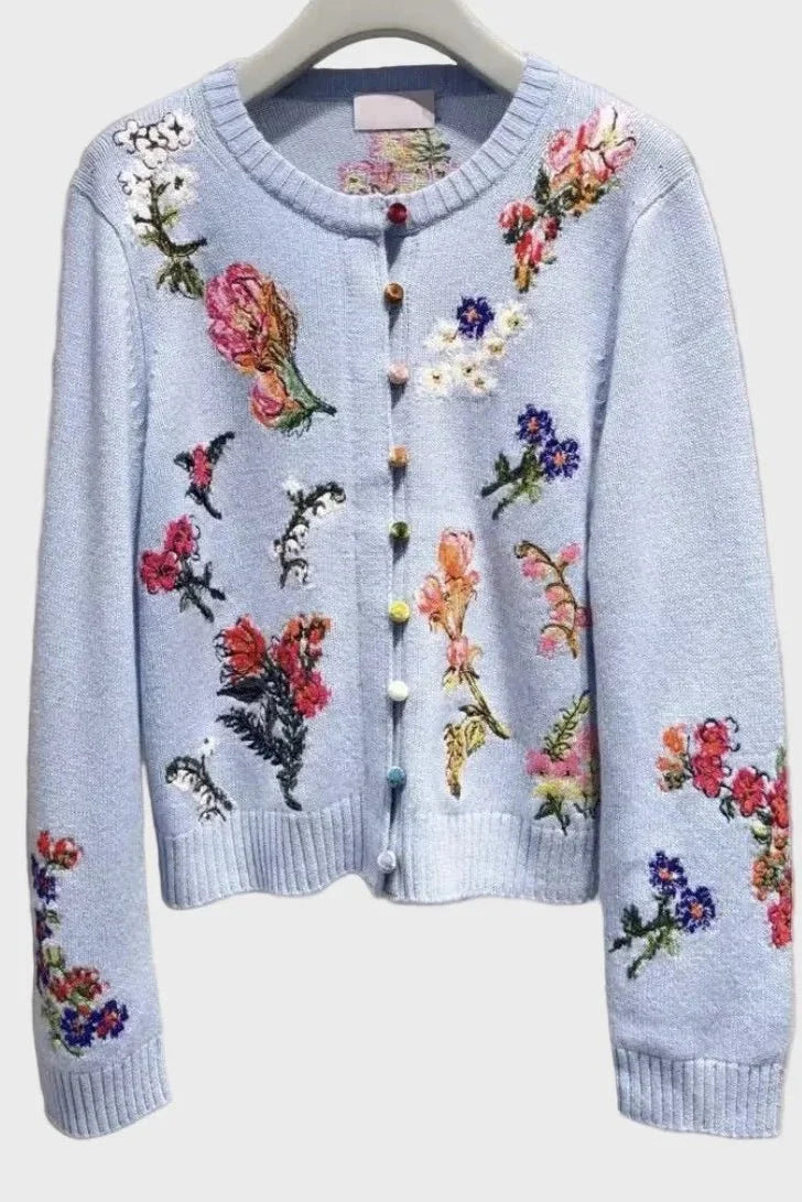 Sofia | Blue Floral Embroidered Cardigan