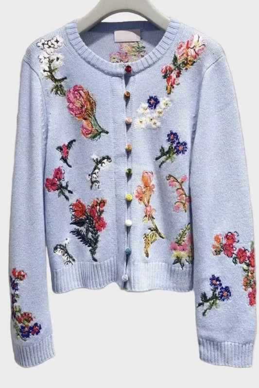 Sofia | Blue Floral Embroidered Cardigan