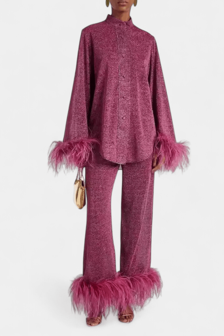 Sofia | Feather-Trim Long-Sleeve Trouser Set