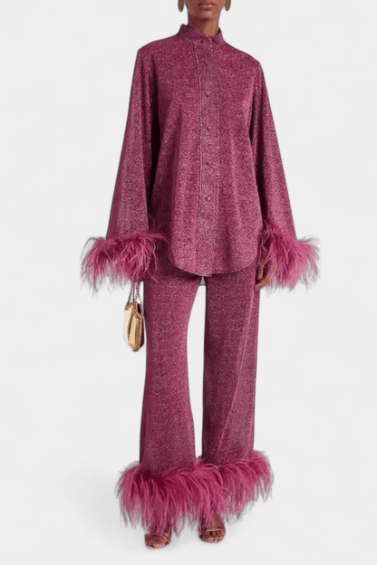 Sofia | Feather-Trim Long-Sleeve Trouser Set