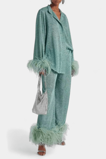 Sofia | Feather-Trim Long-Sleeve Trouser Set