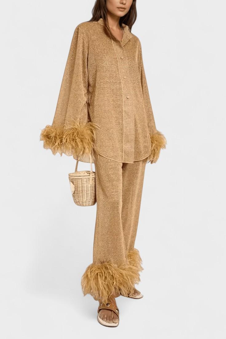 Sofia | Feather-Trim Long-Sleeve Trouser Set