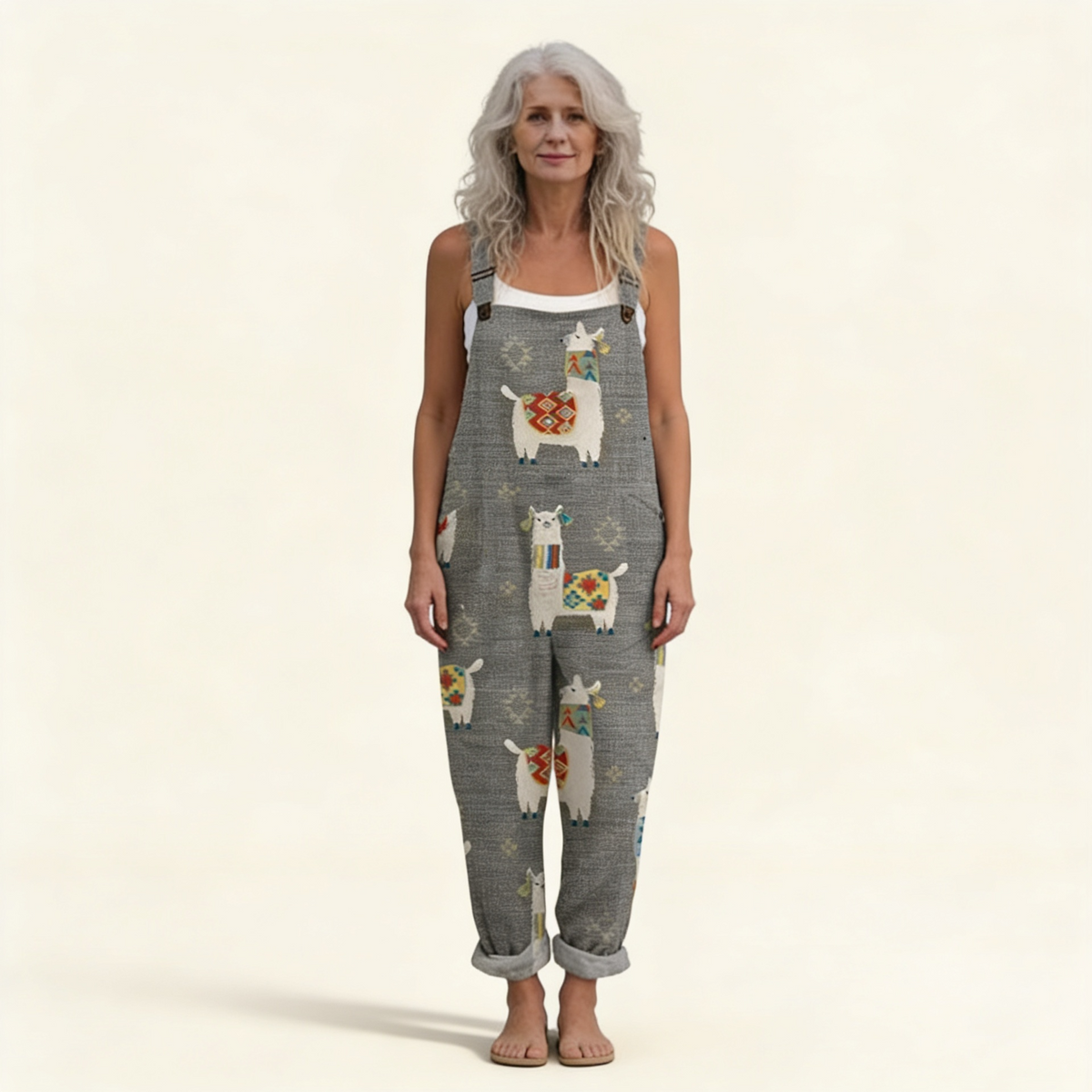 Rachel | Grey Llama Print Dungarees