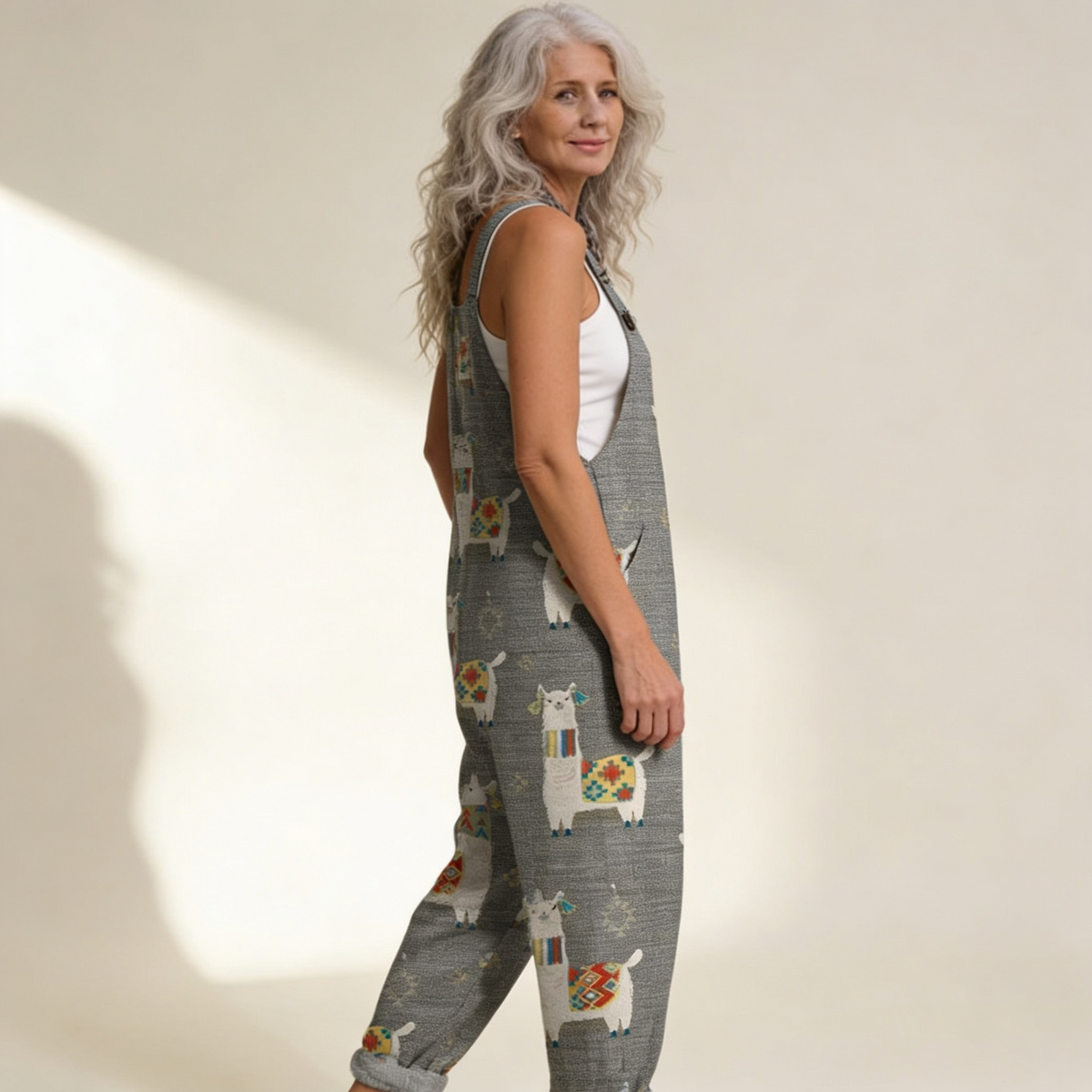 Rachel | Grey Llama Print Dungarees
