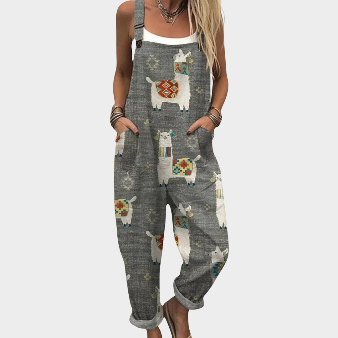 Rachel | Grey Llama Print Dungarees