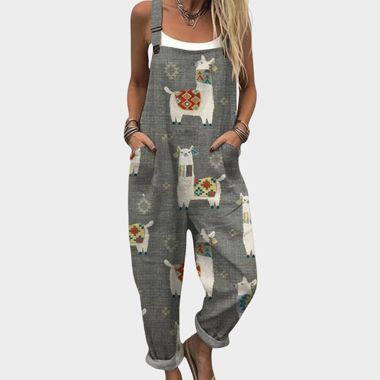 Rachel | Grey Llama Print Dungarees