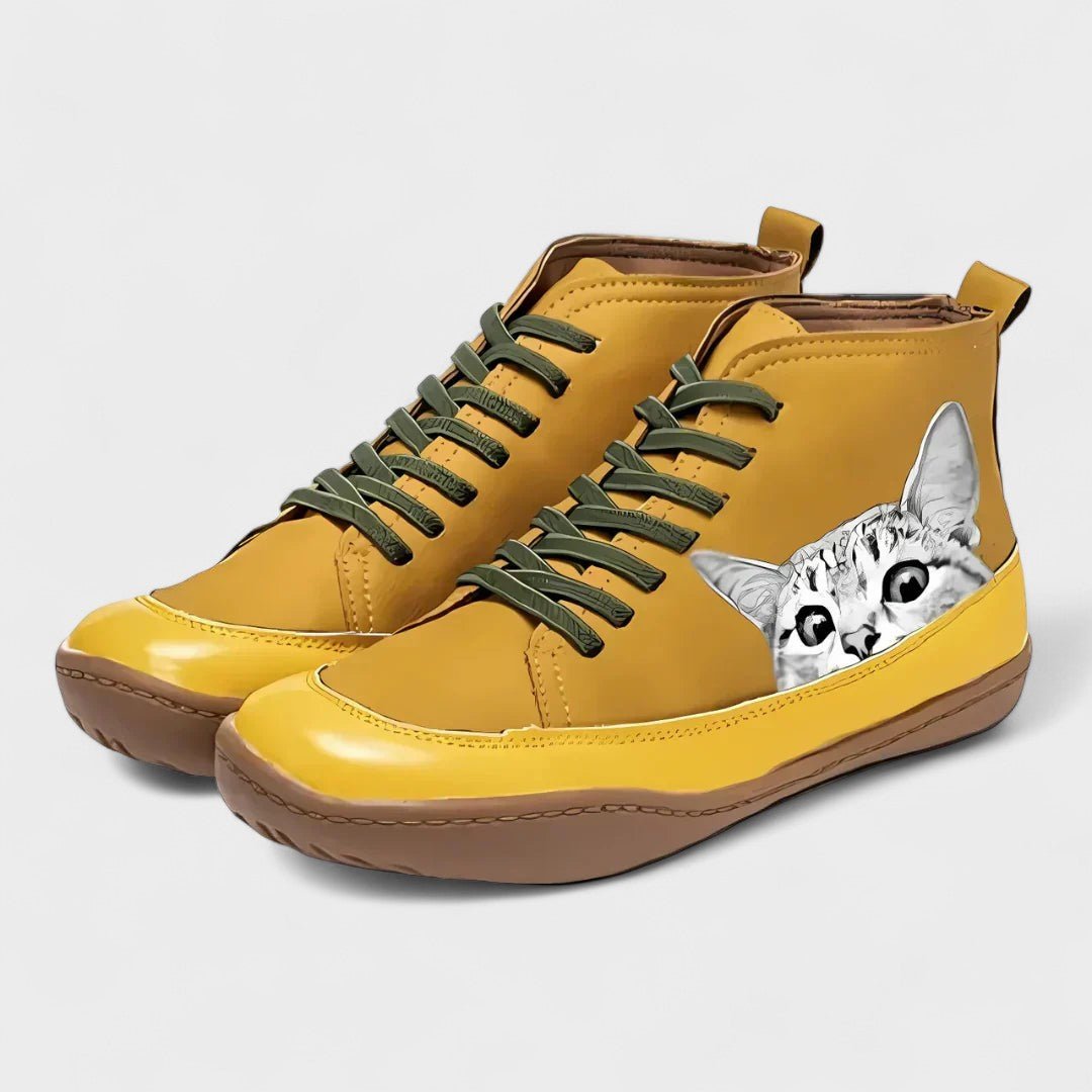 Tania | Orange Cat Print High-Top Boots