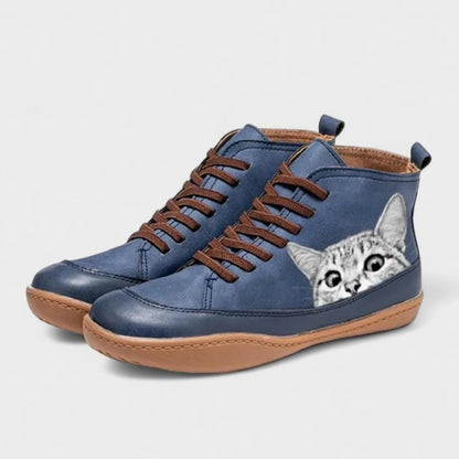 Tania | Orange Cat Print High-Top Boots