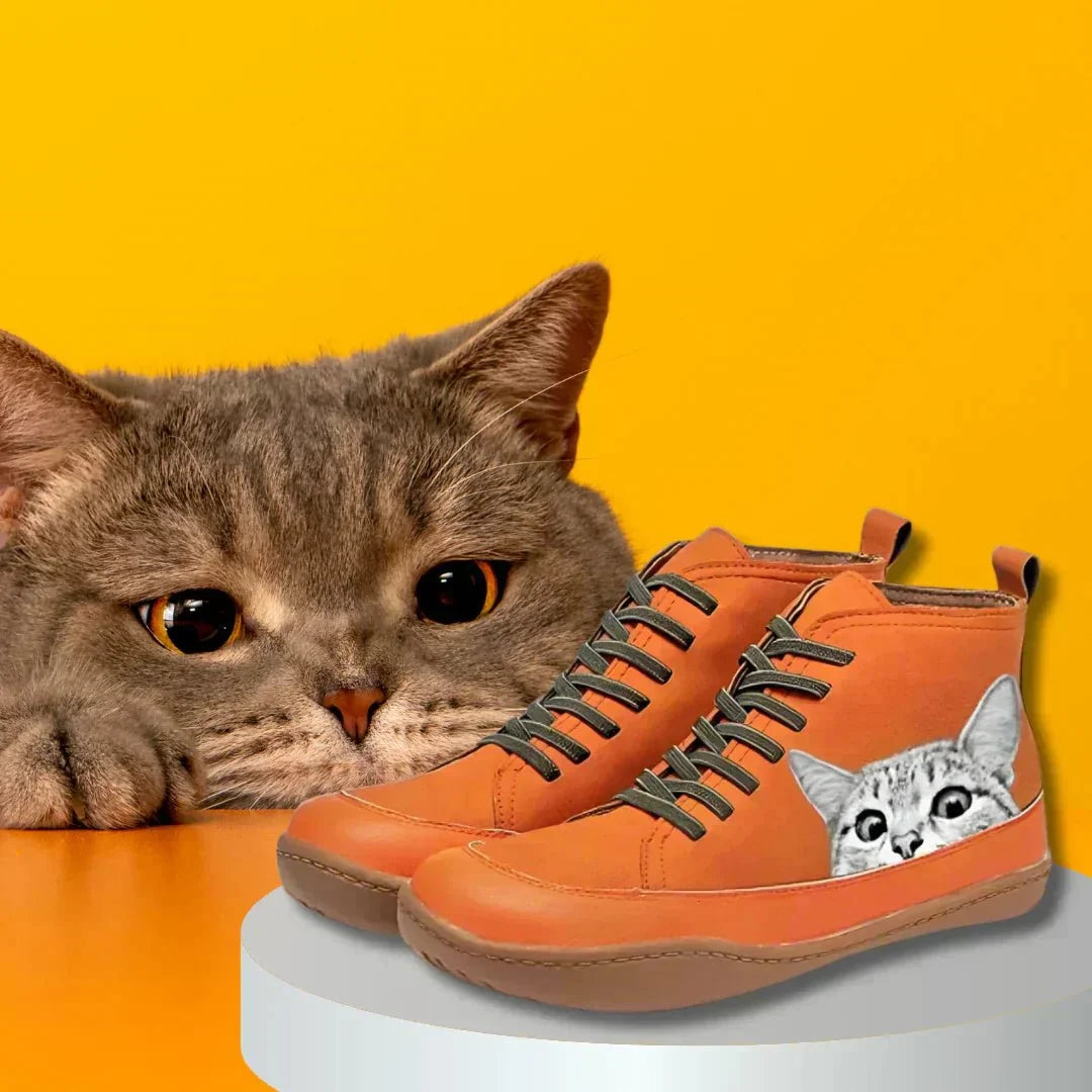 Tania | Orange Cat Print High-Top Boots