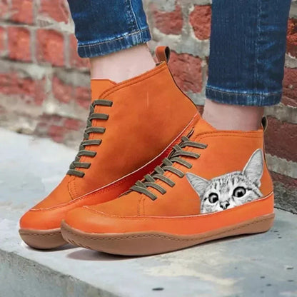 Tania | Orange Cat Print High-Top Boots