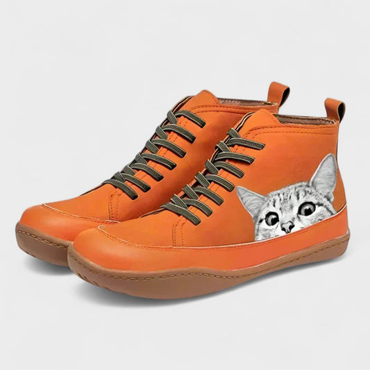 Tania | Orange Cat Print High-Top Boots