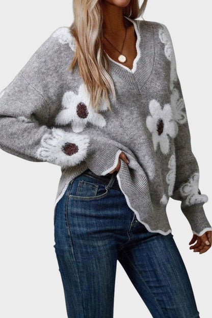 Thea | Grey Daisy Knit Jumper