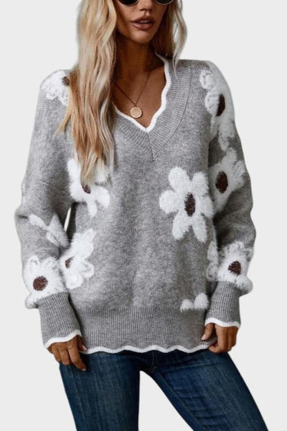 Thea | Grey Daisy Knit Jumper
