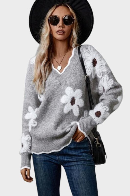 Thea | Grey Daisy Knit Jumper